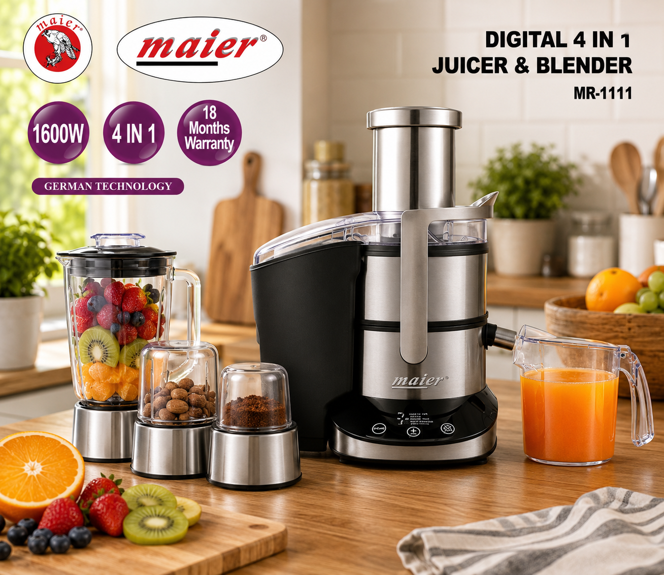 آبمیوه گیری چهار کاره برند مایر کد 1111 همراه با مخلوط کن آسیاب و خردکن