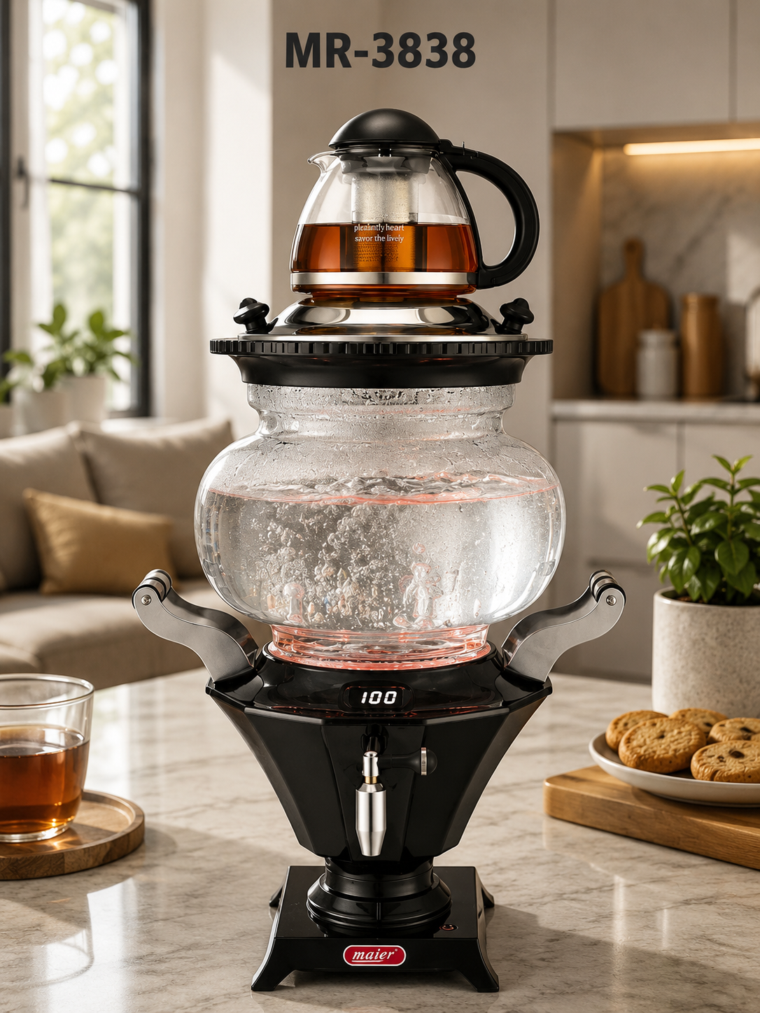سماور برقی مایر MR-3838 سماور و قوری شیشه‌ای ظرفیت ۶ لیتر توان ۲۲۰۰ وات طراحی لوکس و زیبا