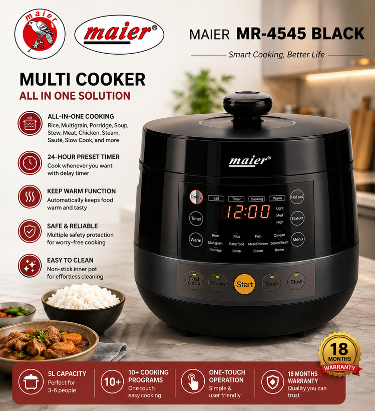 زودپز مولتی کوکر دیجیتال مایر مدل MR-4545 BLACK دارای ظرفیت 5 لیتر 14 برنامه پخت
