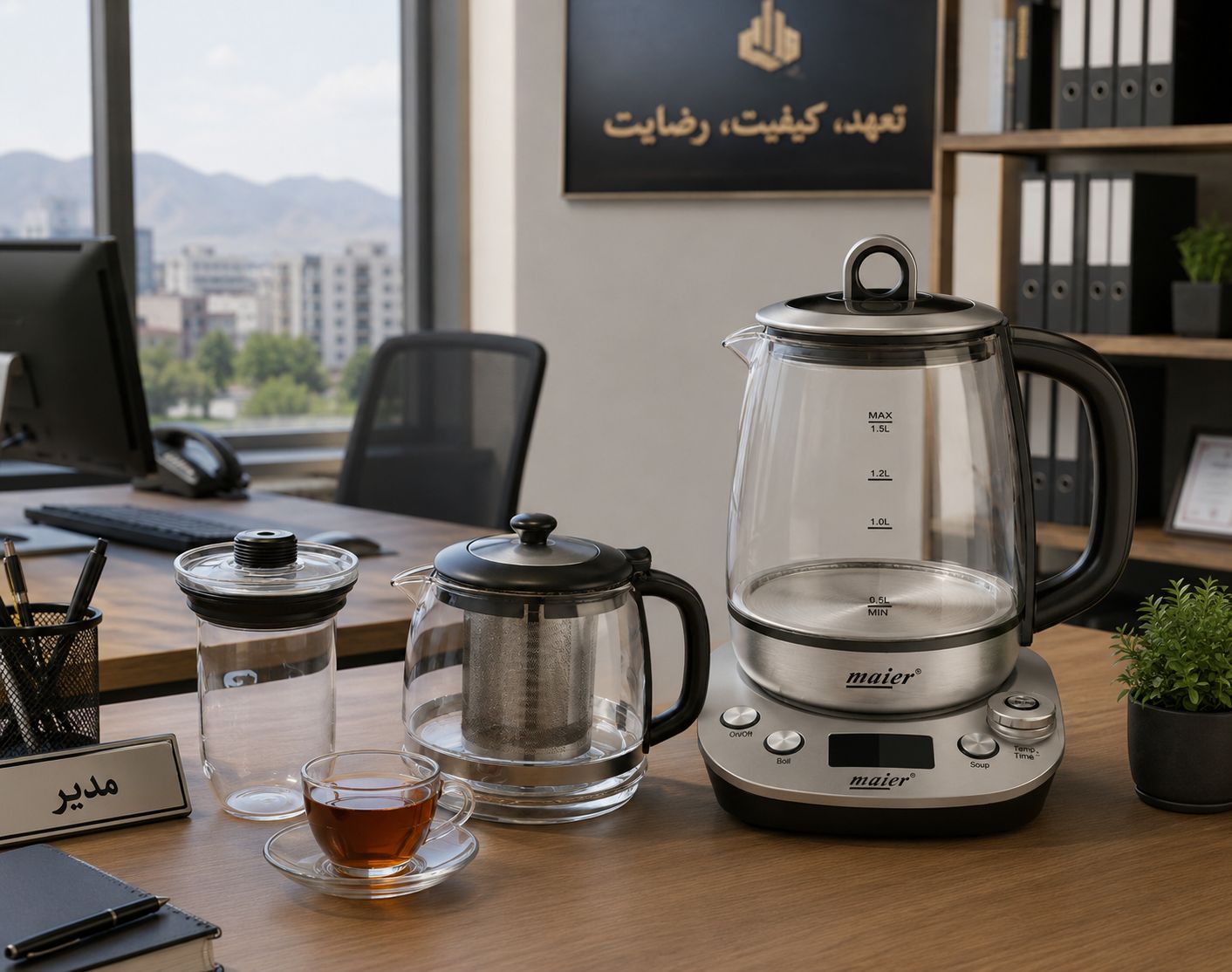 چای ساز مدل MR-9922 برند مایر، کتری شیشه‌ای با ظرفیت ۱.۵ لیتر قوری شیشه‌ای با صافی داخلی قابلیت جوش‌آوری سریع آب قابلیت گرم نگه‌داشتن آب و چای دارای نمایشگر دیجیتال پنل کنترل برای تنظیم عملکرد دستگاه