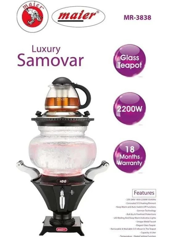 سماور برقی مایر MR-3838 سماور و قوری شیشهای ظرفیت ۶ لیتر توان ۲۲۰۰ وات طراحی لوکس و زیبا