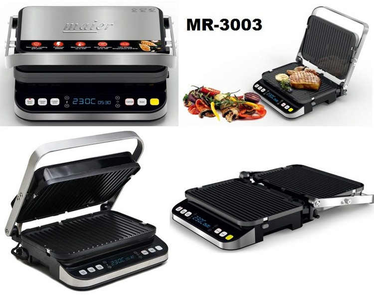 گریل صنعتی (کباب پز دیجیتالی) مایر MR-3003 با توان قدرتمند ۲۰۰۰ وات، دستگاهی کاربردی برای گریل کردن انواع گوشت، مرغ، ماهی، ساندویچ و سبزیجات است. صفحات نچسب دستگاه باعث میشوند مواد غذایی به سطح گریل نچسبند و تمیز کردن آن نیز راحتتر باشد.