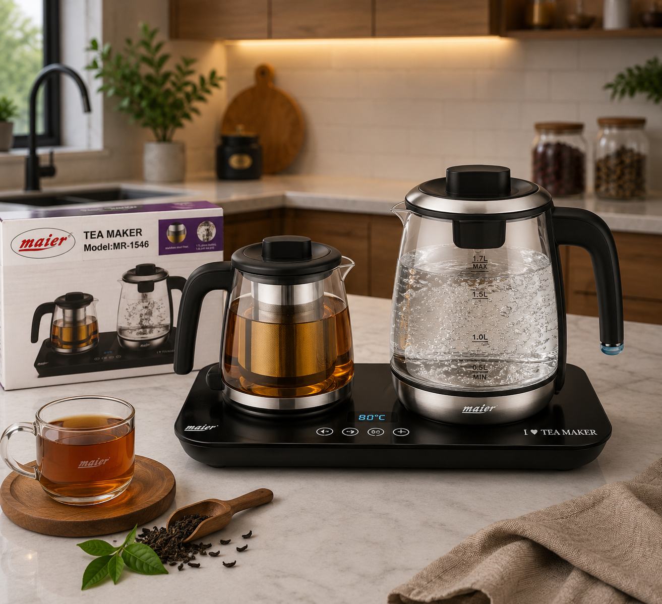 چای‌ساز Maier MR-1546 با طراحی شیک و مدرن، دارای کتری شیشه‌ای ۱.۷ لیتری و قوری شیشه‌ای ۱ لیتری است. این دستگاه مجهز به فیلتر استیل ضدزنگ، توان ۱۸۲۰ تا ۲۲۰۰ وات و نمایشگر دیجیتال دماست و برای تهیه چای و دمنوش در منزل مناسب است.