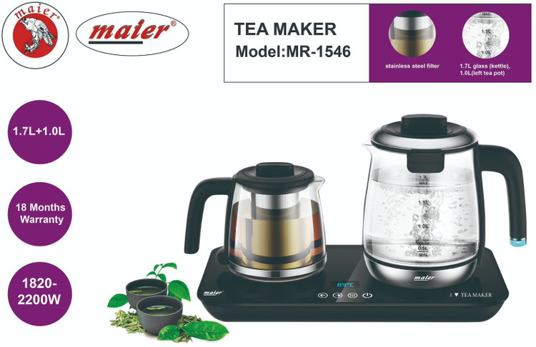 چایساز Maier MR-1546 با طراحی شیک و مدرن، دارای کتری شیشهای ۱.۷ لیتری و قوری شیشهای ۱ لیتری است. این دستگاه مجهز به فیلتر استیل ضدزنگ، توان ۱۸۲۰ تا ۲۲۰۰ وات و نمایشگر دیجیتال دماست و برای تهیه چای و دمنوش در منزل مناسب است.