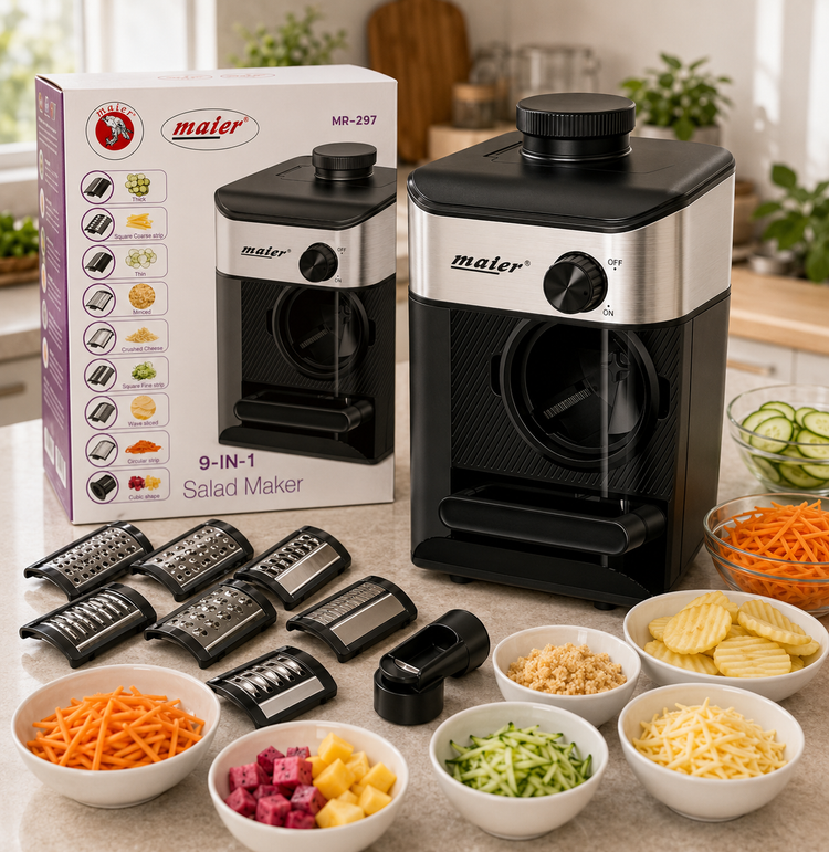 🥗 سالادساز Maier MR-297 یک دستگاه ۹ کاره برای خردکردن، رندهکردن و خلالکردن انواع سبزیجات و مواد غذایی است. ویژگیها: 🔪 ۹ عملکرد مختلف مناسب برای خلالکردن، رندهکردن و خردکردن دارای تیغههای متنوع برای برشهای ضخیم و نازک قابلیت برش مکعبی، موجدار و خلالی مناسب برای سیبزمینی، هویج، پنیر، سبزیجات و مواد غذایی مختلف 🧺 دارای محفظه و دسته برای استفاده آسان طراحی جمعوجور و بدنه مقاوم