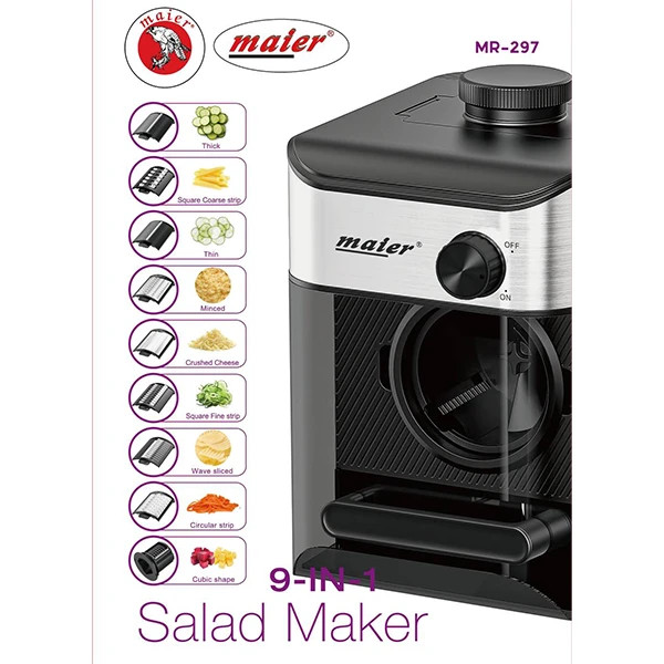 🥗 سالادساز Maier MR-297 یک دستگاه ۹ کاره برای خردکردن، رندهکردن و خلالکردن انواع سبزیجات و مواد غذایی است. ویژگیها: 🔪 ۹ عملکرد مختلف مناسب برای خلالکردن، رندهکردن و خردکردن دارای تیغههای متنوع برای برشهای ضخیم و نازک قابلیت برش مکعبی، موجدار و خلالی مناسب برای سیبزمینی، هویج، پنیر، سبزیجات و مواد غذایی مختلف 🧺 دارای محفظه و دسته برای استفاده آسان طراحی جمعوجور و بدنه مقاوم